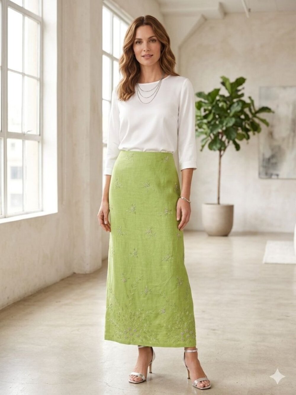 Vintage Lime Green Linen Skirt Sz 14 Floral Embroidery Maxi Coastal Boho Summer